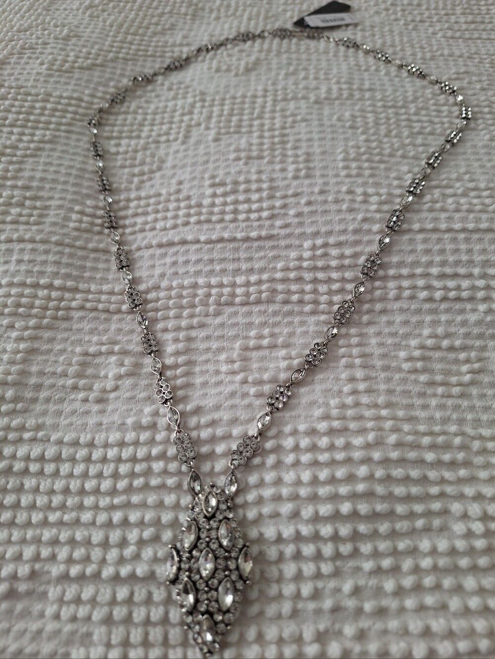 NWT J Crew Navette Rhinestone Long Necklace With Pendant Silvertone